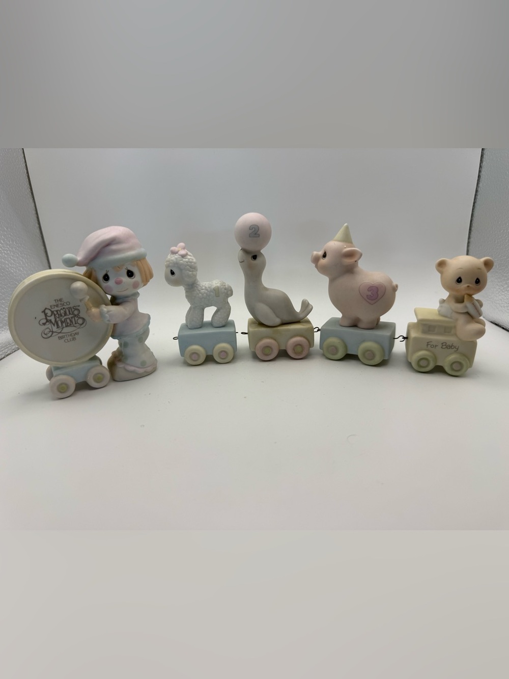 Precious Moments 1985 Pastel Pink White Blue Nursery Train Figurine Set